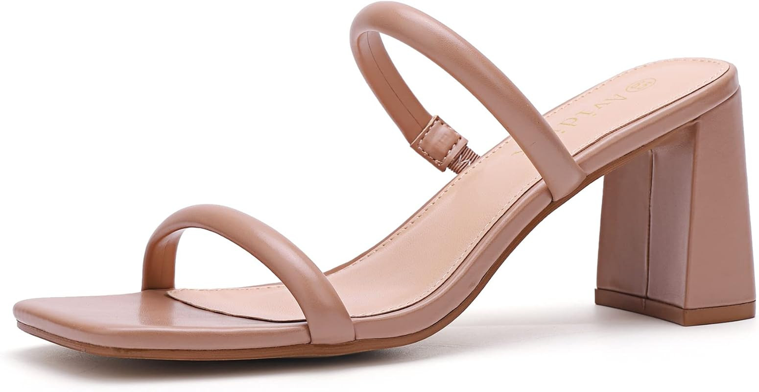 AVIDIRK Women's Square Open Toe Heeled Sandals Two Strap Mules Slip On Block Chunky Mid Heels San... | Amazon (US)
