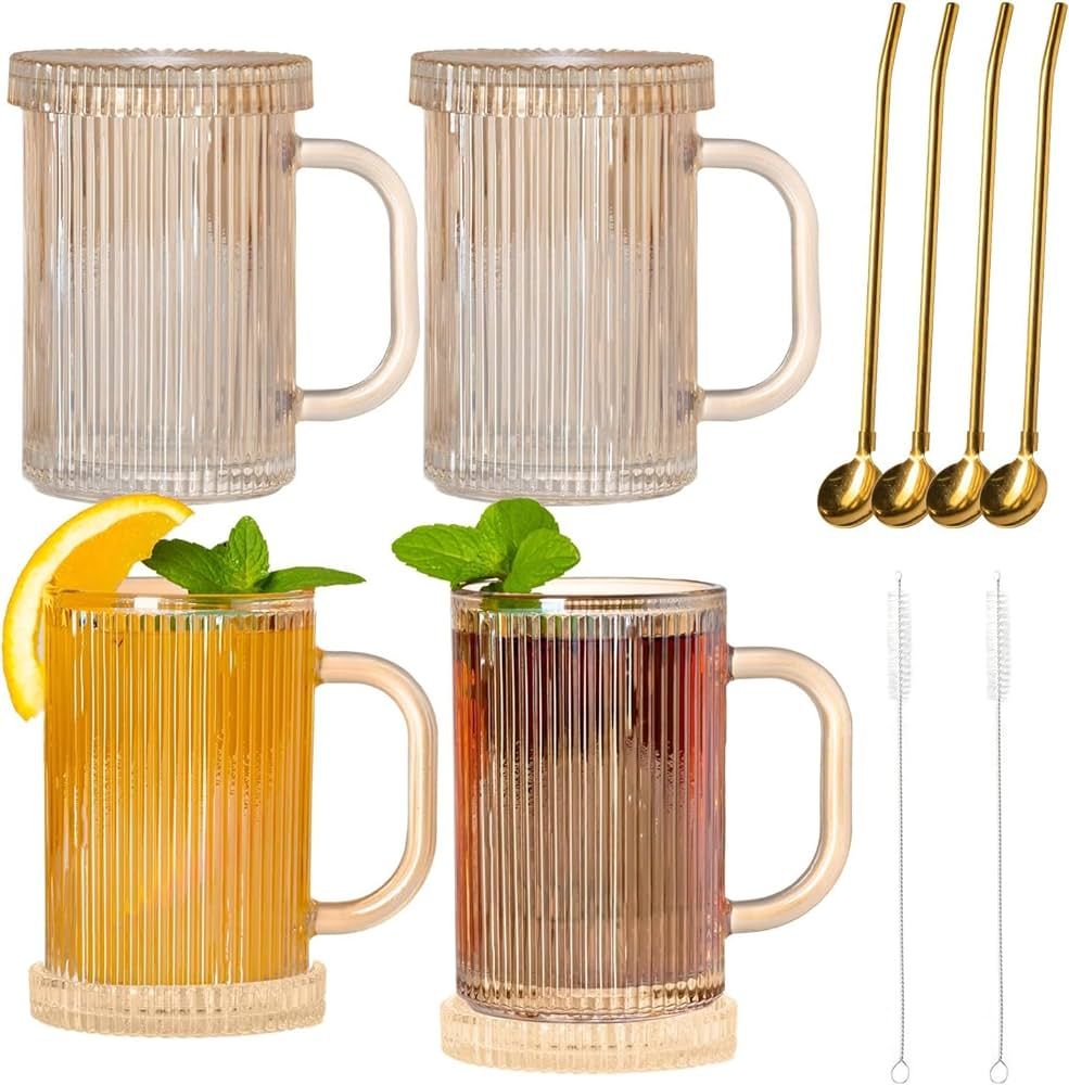 Glass Coffee Mugs Tea Cups - 13 Oz Amber Glass Mug with Lid Set of 4 Ribbed Vintage Mugs with Str... | Amazon (US)