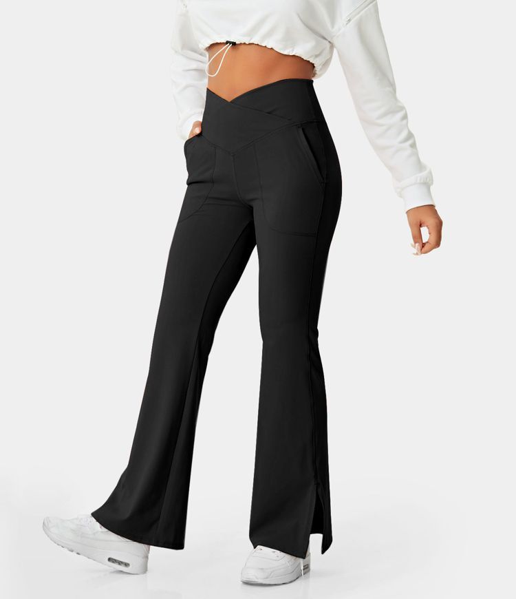 Women's Crossover Pocket Split Hem Full Length Flare Leggings-Smile - HALARA | HALARA