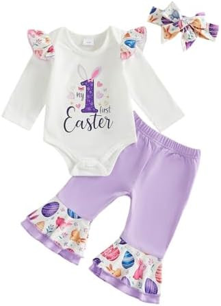 Lamuusaa Newborn Baby Girl Easter Outfit My 1st Easter Romper Ruffle Bunny Onesie Flared Pants He... | Amazon (US)