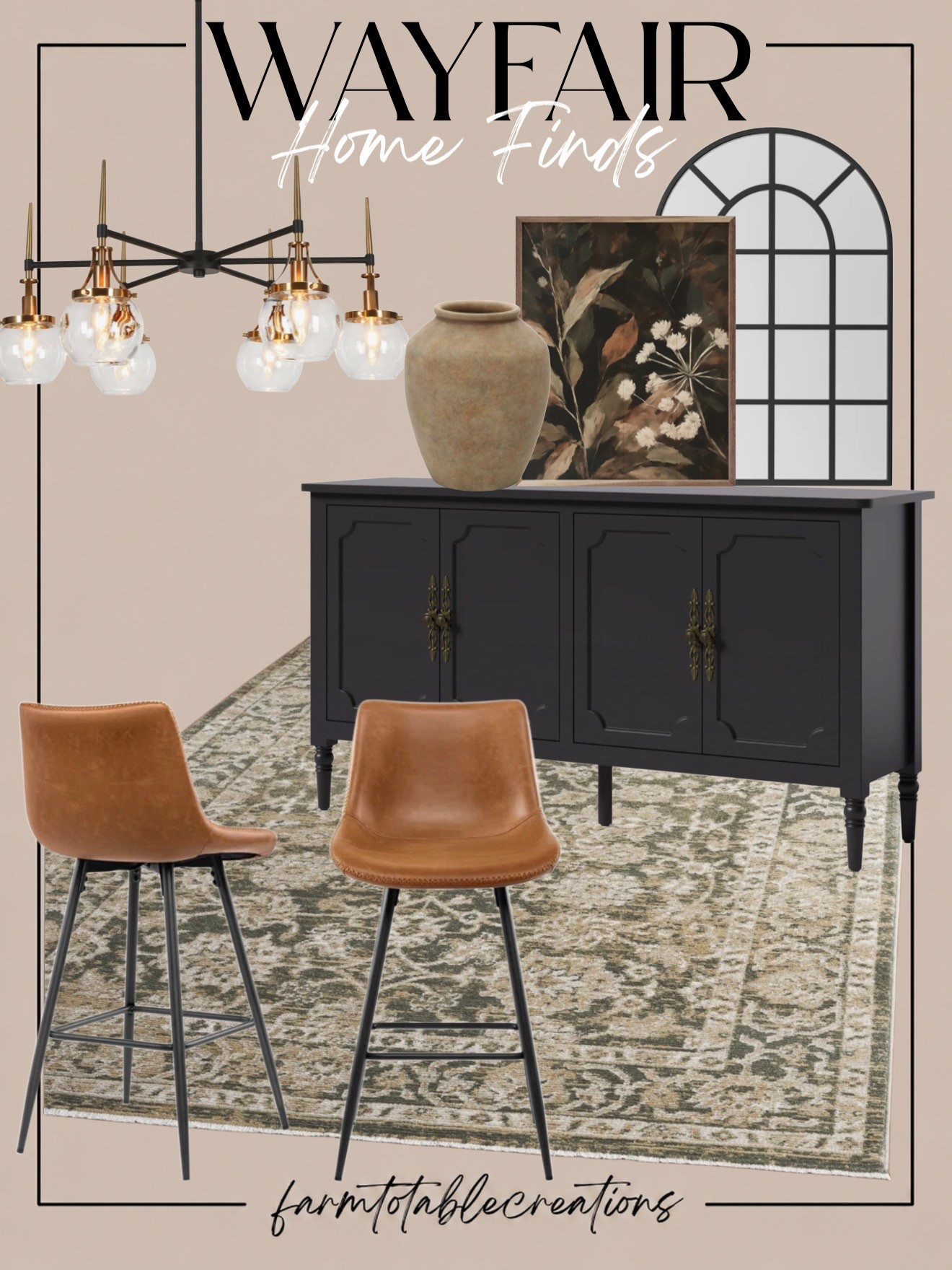 Wayfair Dining Room Finds 🤎

This Wayfair collection has everything for a warm, elevated dining space. The black sideboard and arched mirror bring in beautiful contrast, while the cognac-toned seating, vintage-inspired rug and earthy pottery keep the look cozy and inviting.

Follow @farmtotablecreations on Instagram for more cozy home finds and trending decor.

I love the mix of black, warm brown and antique brass throughout this look. The statement chandelier and moody floral artwork finish it off perfectly for a dining room that feels collected, timeless and designer-inspired.

#LTKHome #WayfairFinds #WayfairHome #DiningRoomInspo #DiningRoomDecor #HomeDecor #HomeFinds #CozyHome #WarmNeutrals #DesignerInspired #VintageInspired #TraditionalHome #MoodyHome #WayfairStyle #HomeStyling

#LTKHome #LTKSaleAlert
