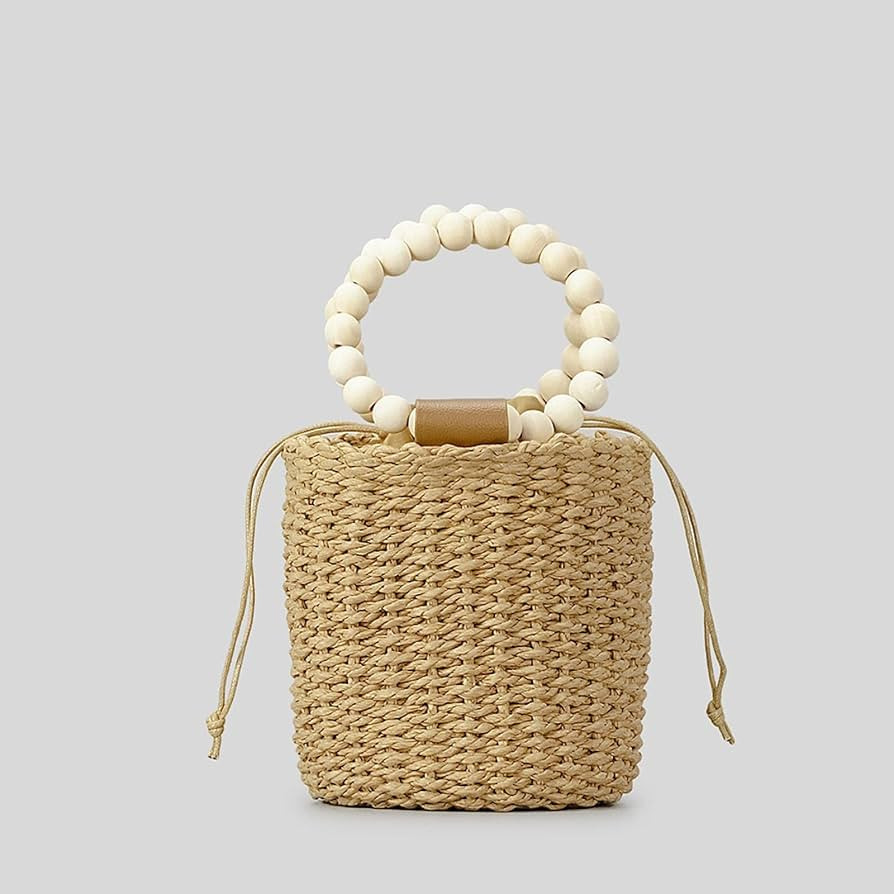 Straw Bag Fashion Wooden Beading Women Handbags Paper Woven Hand Bags Casual Summer Beach Bucket ... | Amazon (UK)