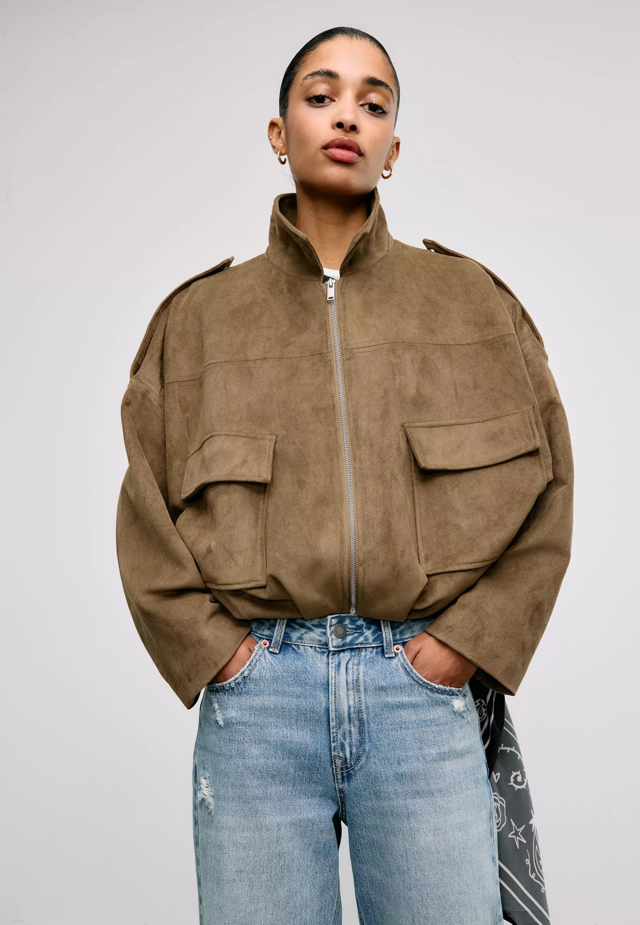 Faux suede bomber jacket - Women's Jackets and trench coats | Stradivarius United Kingdom | Stradivarius (UK)