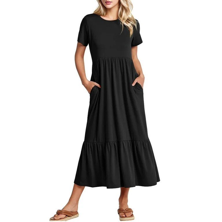 Weardear Women's Flowy Tiered Maxi Beach Dress with Pockets Summer Casual Short Sleeve Crewneck S... | Walmart (US)