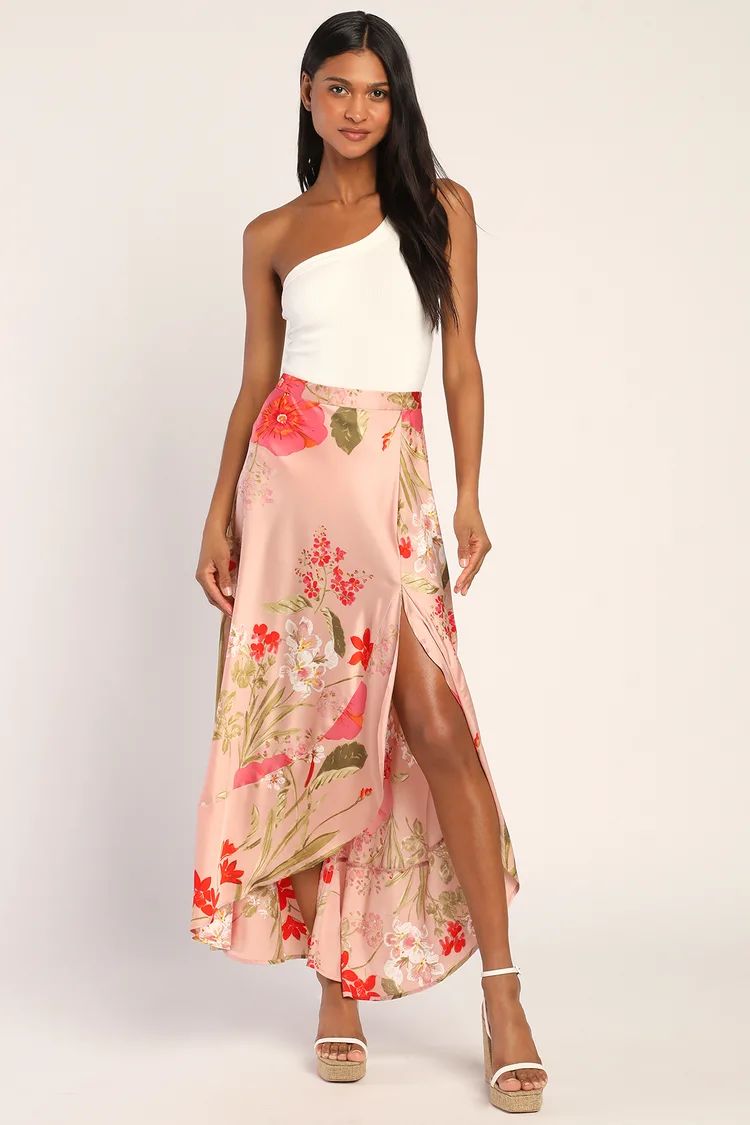 Superbly Stunning Light Mauve Floral Print Satin Maxi Skirt | Lulus (US)