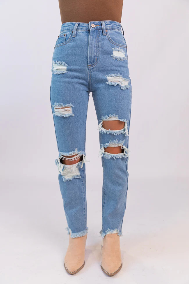 Megan Light Wash Distressed Straight Leg Mom Jeans | Pink Lily