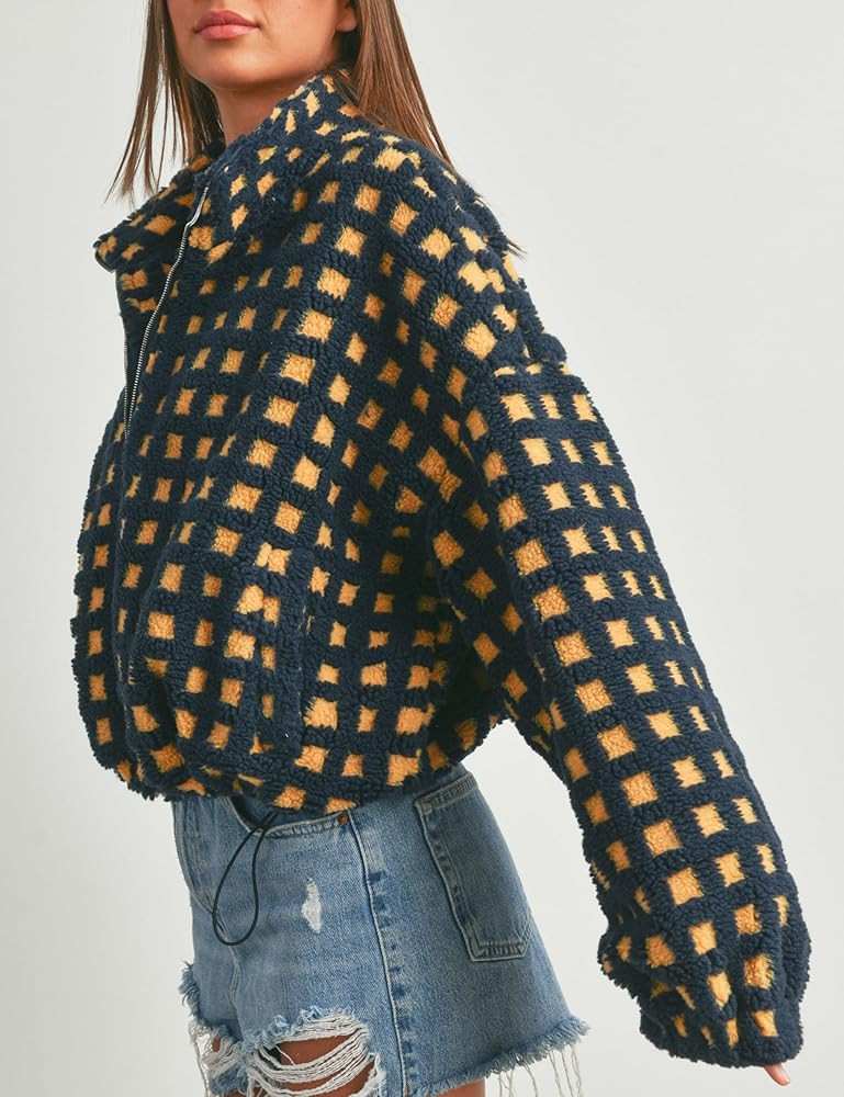 Esmeling Women’s Long Sleeve Cropped Sherpa Fleece Plaid Jacket Casual Chunky Teddy Fleece Oute... | Amazon (US)