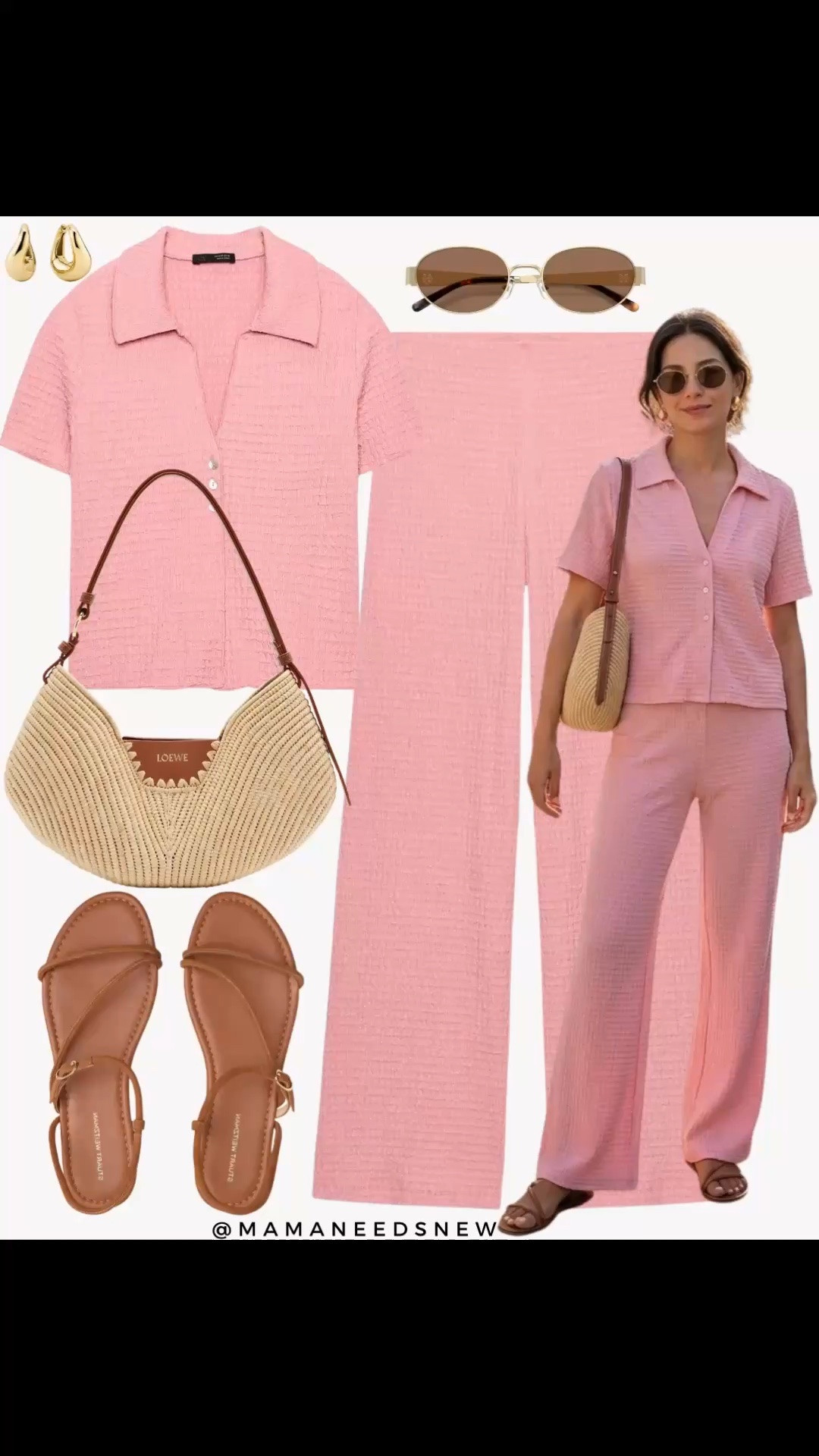 A late spring to summer outfit with a textured matching shirt and pants set, strappy sandals and raffia shoulder bag 🌸🩷

#LTKootd #LTKSeasonal #LTKSaleAlert