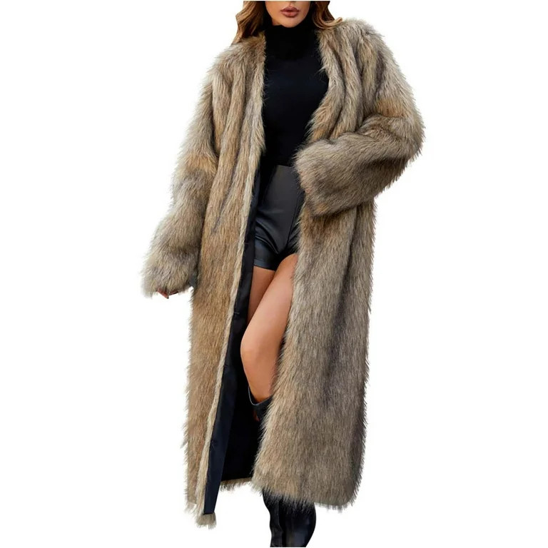 Nrmvnmi Winter Faux Fur Long Coat for Women Plus Size Warm Cotton Jackets Casual Open Front Long ... | Walmart (US)