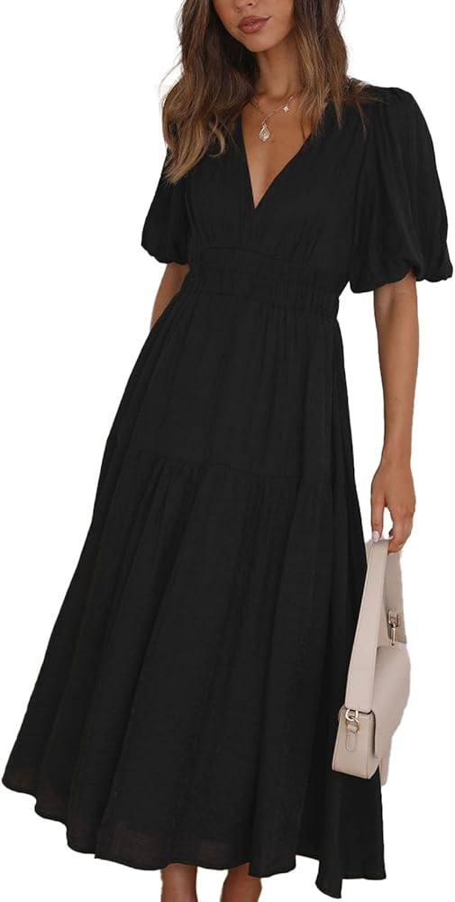 Women's Summer Casual Dress Deep V Neck Puff Short Sleeve Tiered Dress Elastic High Waist Ruffle ... | Amazon (US)