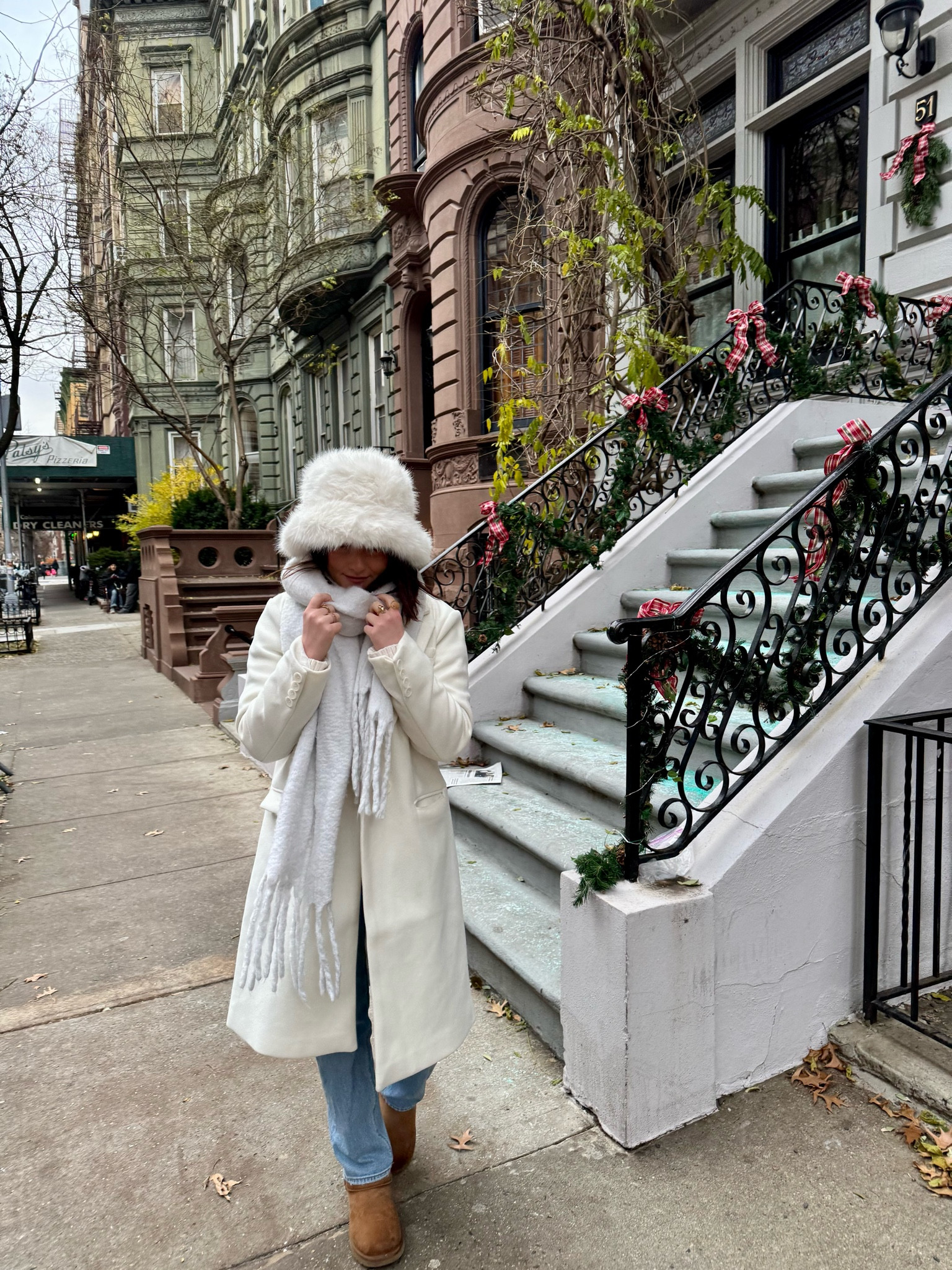nyc, outfit, winter, ootd, cold, chilly, warm fit, white, fur, hat, pea coat, wool, trench, jeans, denim, Uggs, ootd, scarf, monochromatic, inspo, trendy, aesthetic, New York City, day trip, weekend, casual, chic, fashion, fluffy, bucket hat, brownstone, christmas, holidays, travel, pose, picture, cute, decor, decorations, inspiration 

#LTKStyleTip #LTKHoliday #LTKSeasonal