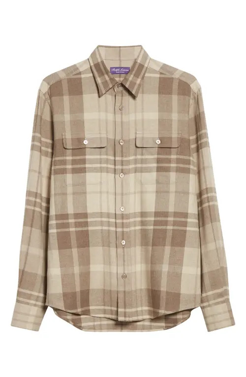 Ralph Lauren Purple Label Plaid Cashmere Button-Up Shirt in Truffle at Nordstrom, Size Small | Nordstrom