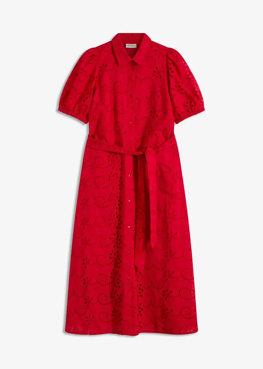 feminines Lochstickerei-Blusenkleid aus reiner Baumwolle mit Bindeband in der Taille und Puff\u00... | Bonprix DE