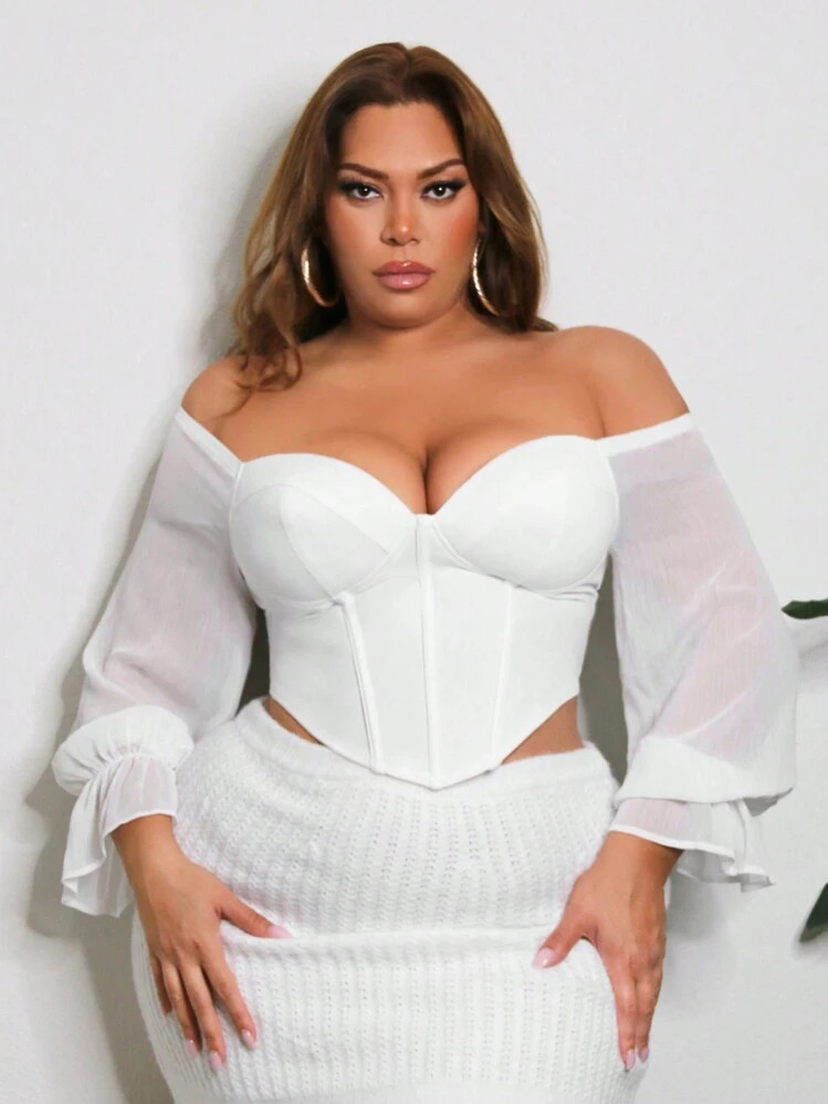 SHEIN SXY Fashion Decorated Plus Size Women Shirt With Chest Sticker And Chiffon Sleeves, 2 Ways To Wear | SHEIN