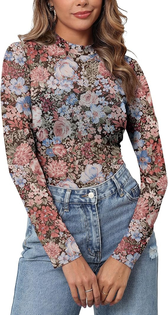 Womens Mesh Floral Long Sleeve Tops Lace Undershirt Mock Neck Going Out Sheer Blouses 2025 Trendy | Amazon (US)