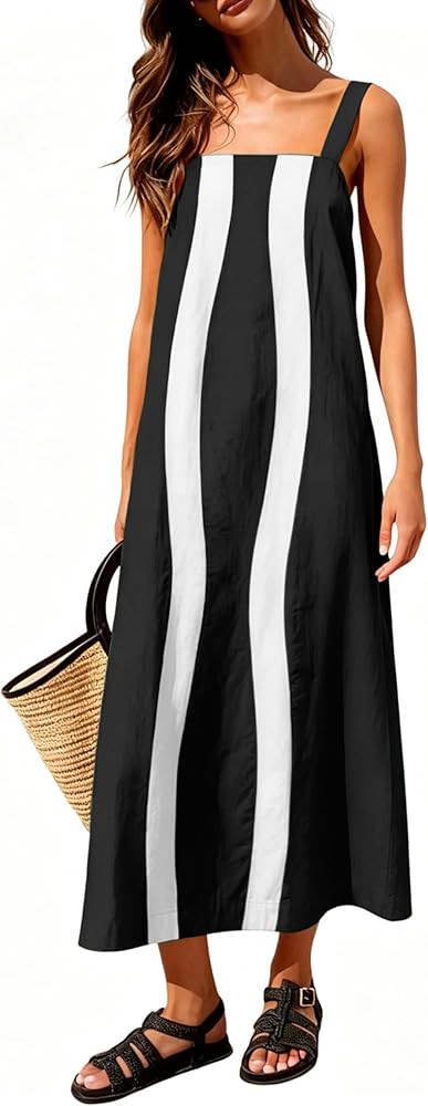 Yidarer Women's Summer Boho Midi Dress Color Block Adjustable Straps Beach Vacation Overall Dress... | Amazon (US)
