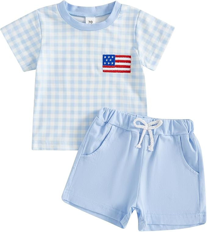 4th Of July Baby Boy Outfit Toddler Tractor American Flag Short Sleeve T Shirt Plaid Shorts Baby ... | Amazon (US)