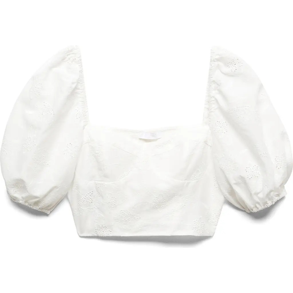 MANGO Puff Sleeve Broderie Anglaise Crop Top in White at Nordstrom, Size 2 | Nordstrom