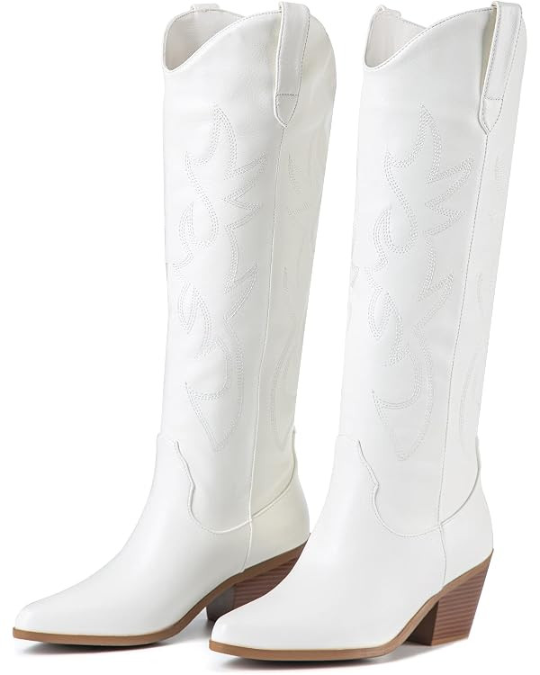 ZXHYZLZ Women's Cowboy Boots Knee High Seam Mid Heel Block Heel Almond Pointed Toe Fashion Classi... | Amazon (US)