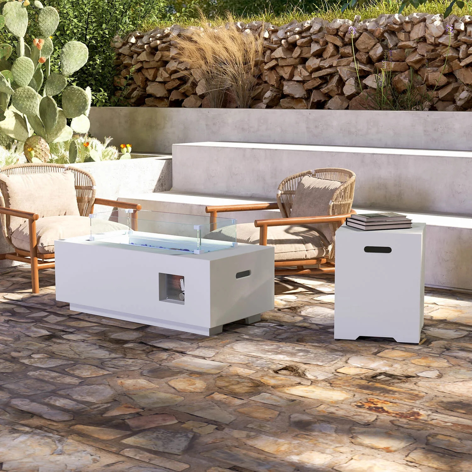 Patiowell Propane Fire Pit Table with Glass Wind Guard & Tank Storage Side Table, White | Walmart (US)