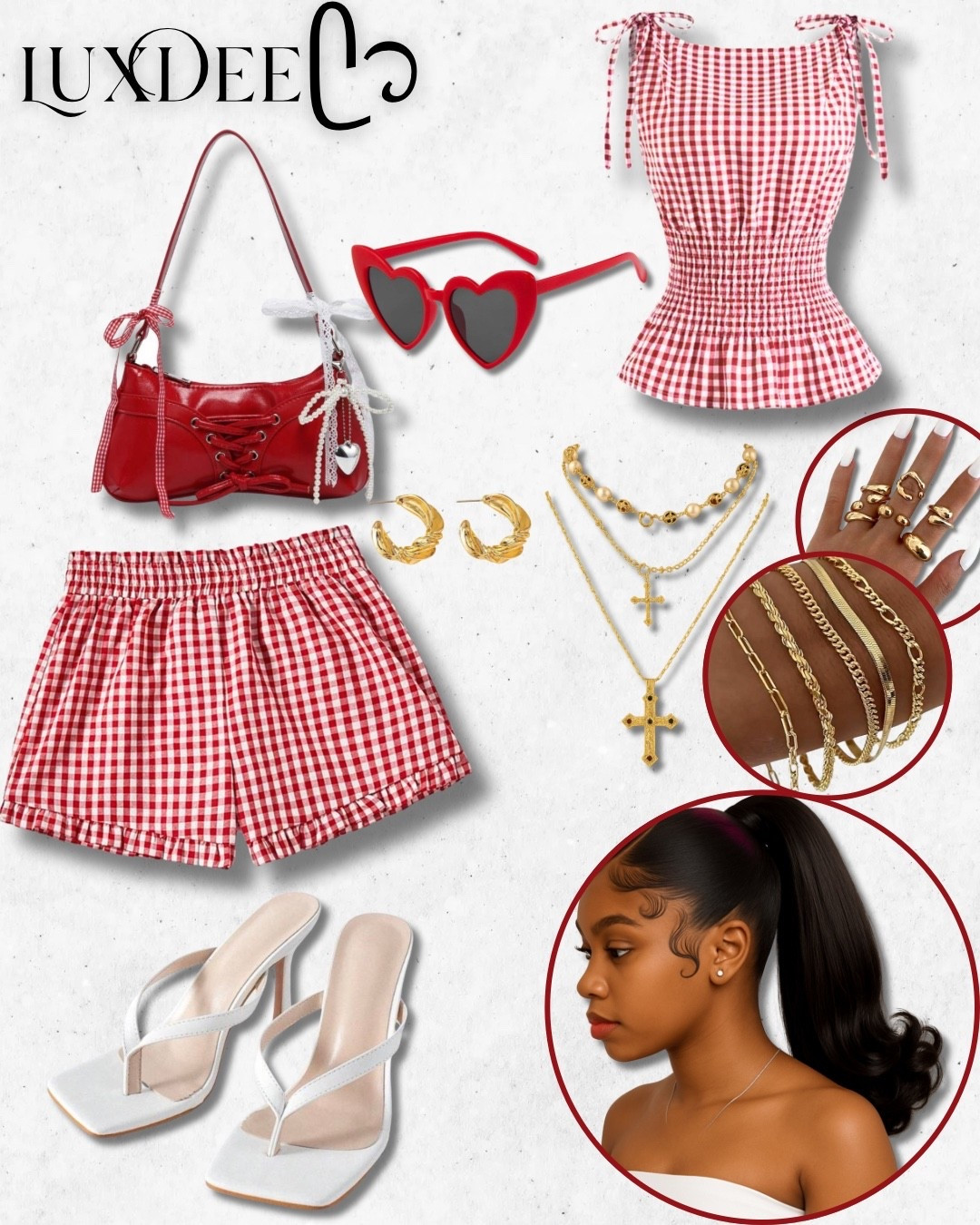 Cherry Crush Baddie♥️🍒

Serving Cherry Crush Energy ❤️🍒
This gingham set is giving flirty picnic date meets city chic. The bold red accents, gold jewelry stack, and heart-shaped sunnies take this look from sweet to spicy real quick!
✨ Everything is linked for you on LTK, just tap to shop!

#LTKStyle #RedGingham #PicnicGlam #CherryAesthetic #GinghamOutfit #LuxDeeLooks #SummerStyle #OOTD #DateLook

#LTKShoeCrush #LTKItBag #LTKStyleTip