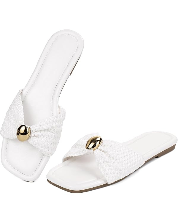 Merking Women's Flats Sandals Raffia Woven Knot Slide Sandal Square Open Toe Summer Casual Shoes ... | Amazon (US)