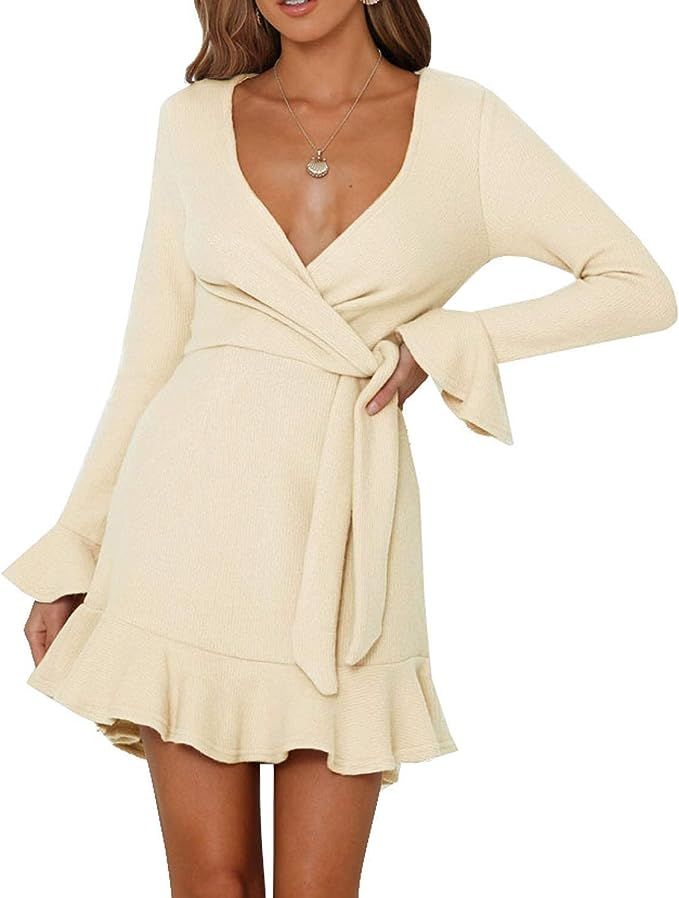 R.Vivimos Womens V Neck Ruffles Long Sleeve Jumper Dress Knit Sweater Mini Dress Short Dress with... | Amazon (UK)