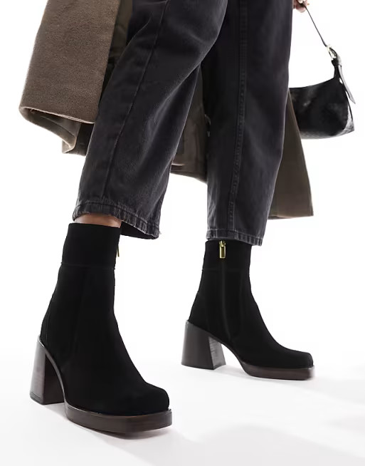 ASOS DESIGN Region suede mid-heel boots in black | ASOS (Global)