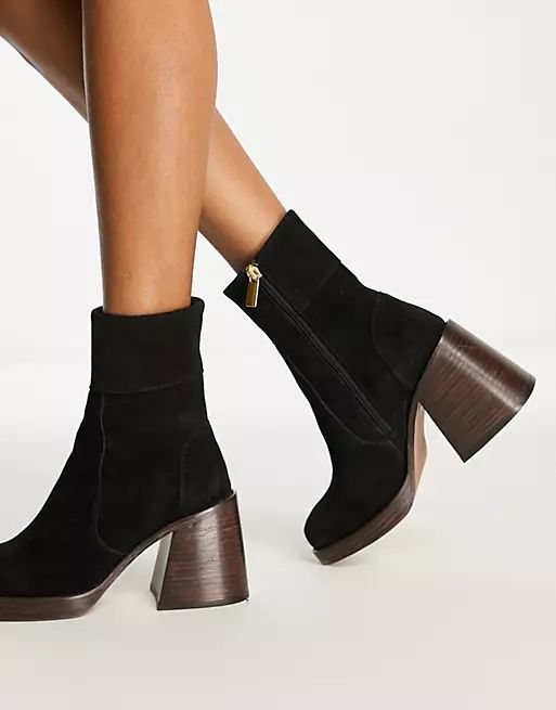 ASOS DESIGN Region suede mid-heel boots in black | ASOS (Global)