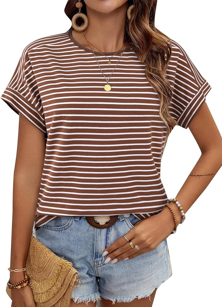 LilyCoco Womens Short Batwing Sleeve Striped Shirt Crew Neck Tops Casual Loose Fit Tee | Amazon (US)