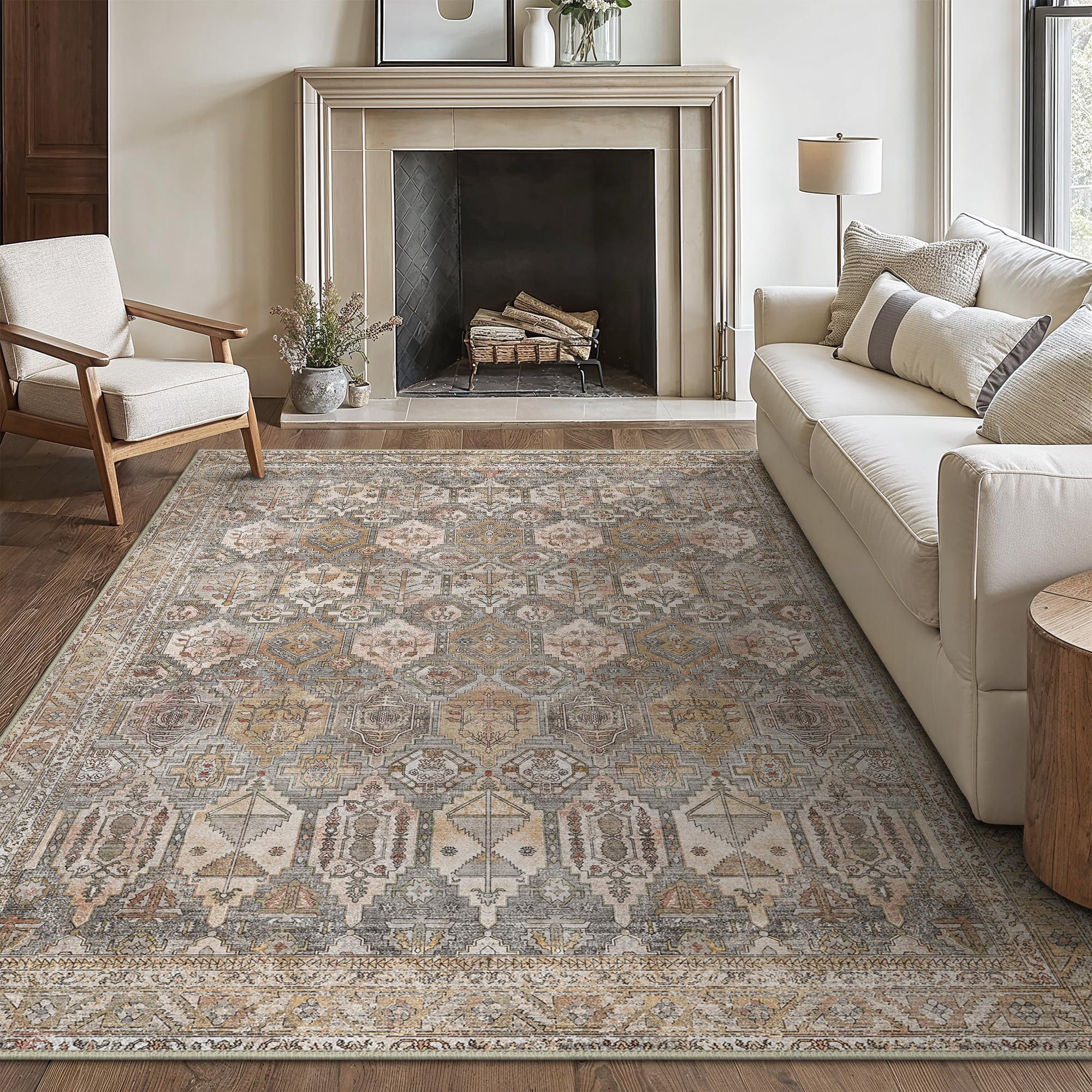 Bavni Washable Rug 6x9 Area Rug for Living Room Bedroom Dining, Washable Vintage Print Carpet, Ultra-Thin Chenille Low Pile Lightweight Rug with Non Slip Backing, Beige | Amazon (US)