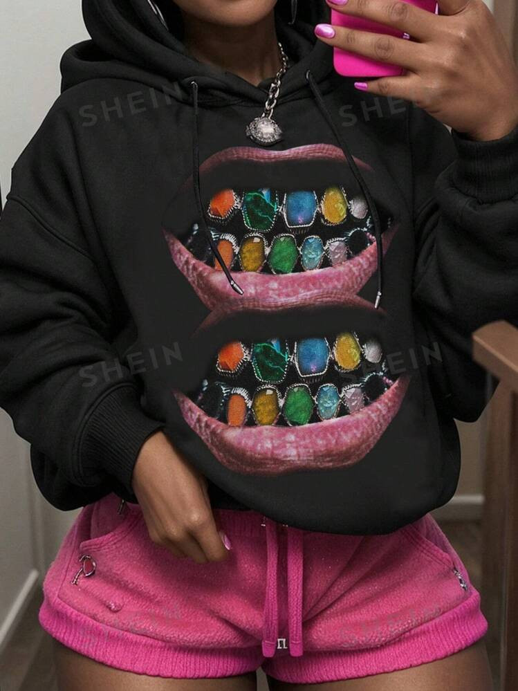 SHEIN Slayr Plus Size Black Casual Lips Printed Drop Shoulder Drawstring Hoodie Sweatshirt For Wo... | SHEIN