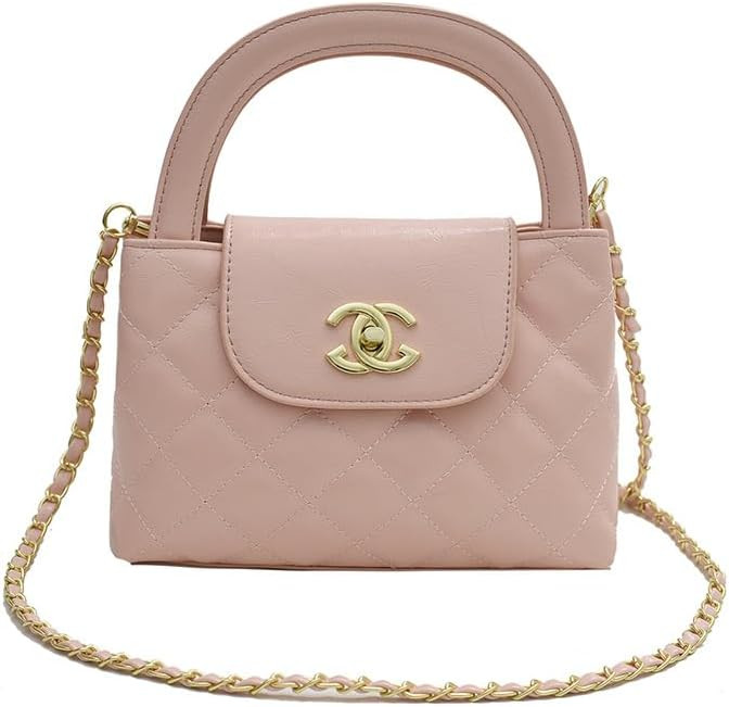 Designer Quilted Handbag, Faux Leather with Gold Chain Strap, Top Handle Crossbody Purse, 8.6x5.9... | Amazon (US)