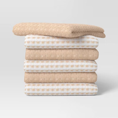 6pc Terry Kitchen Towels Tan - Room Essentials™: Cotton Gingham Check, Machine Wash, Dish & Cleaning Textiles | Target