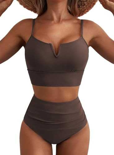 Herseas 2 Piece Bikini Set V-Wire Cutout Swim High Waisted 2025 Summer Beach Fashion Bathing Suits Beach Fashion Vacation Clothes Dark Brown Large | Amazon (US)