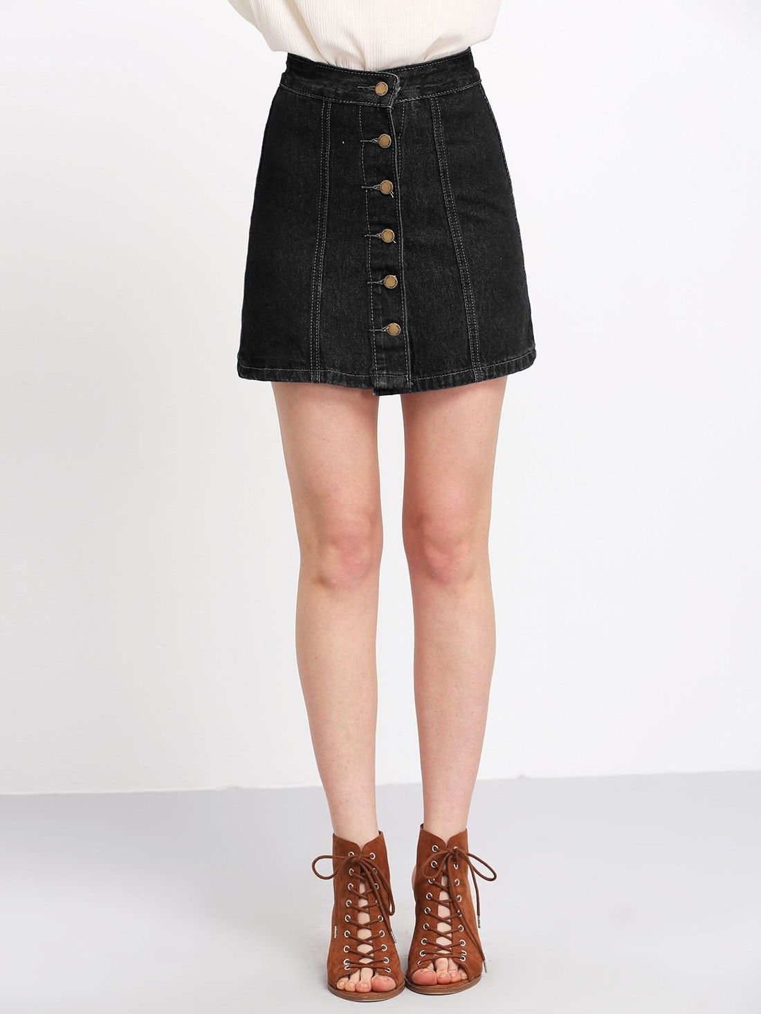 Buttons Through Up Topstitch Denim Skirt | ROMWE