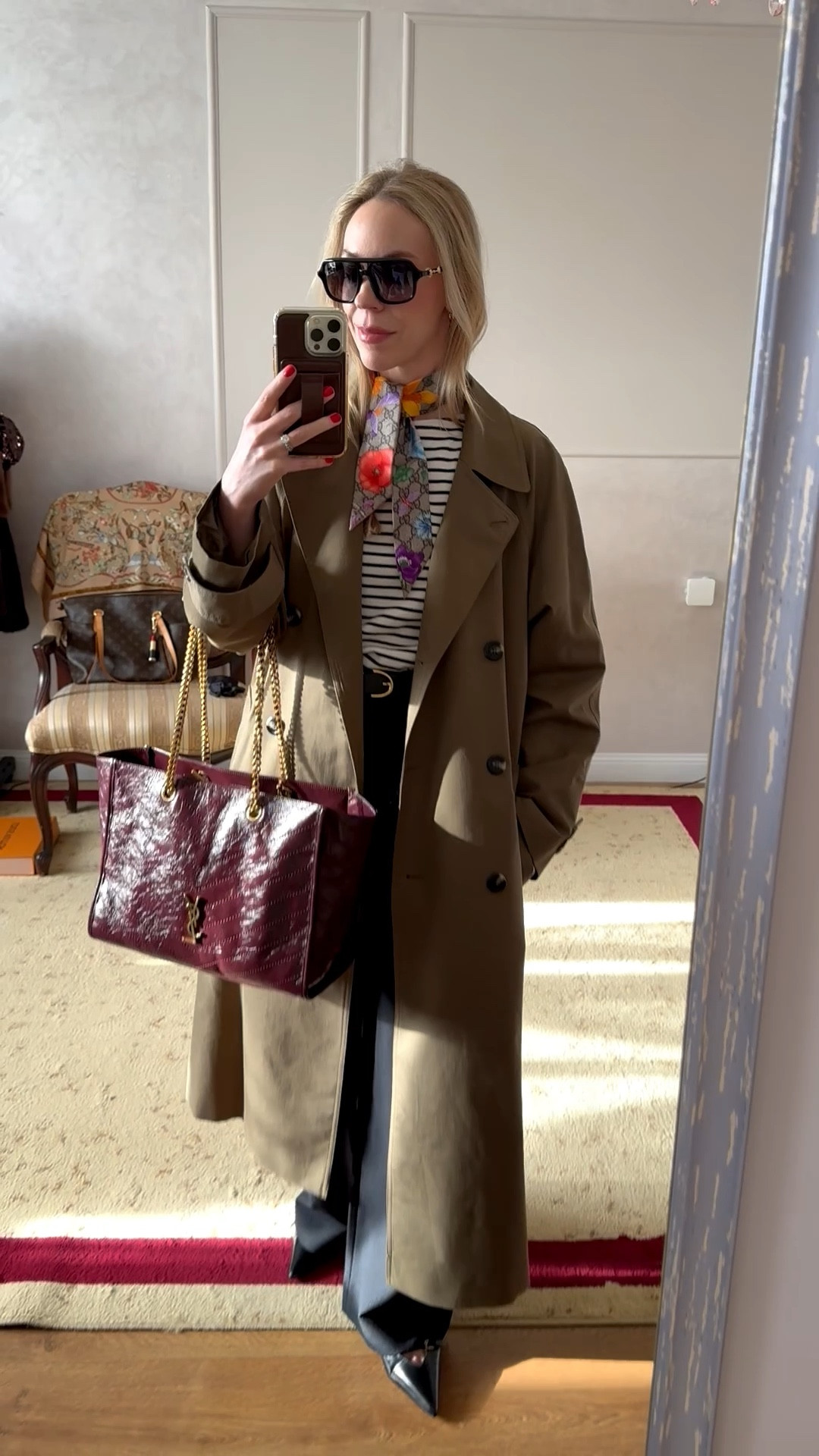 Work outfit, business casual, spring workwear, olive green trench coat, floral print silk scarf, striped top, @abercrombie trousers, burgundy YSL tote bag

#LTKOver40 #LTKWorkwear #LTKSeasonal