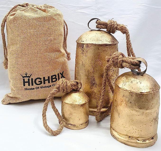 HIGHBIX 10-16-25cm Large Handmade Set of 3 Rustic Vintage Lucky Cow Bells On Rope with Jute Bag W... | Amazon (US)