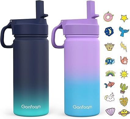 Kids Water Bottle, 2-Pack 16oz Water Bottles Kids with Straw and Stickers, Stainless Steel Vacuum... | Amazon (US)