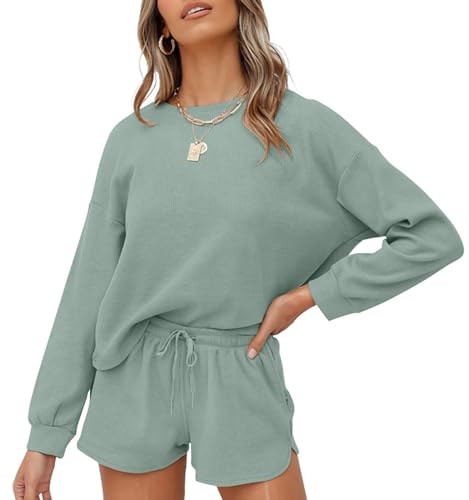 ZESICA Women's Waffle Knit Long Sleeve Top and Shorts Pullover Nightwear Lounge Pajama Set with Pockets,Green,Medium | Amazon (US)