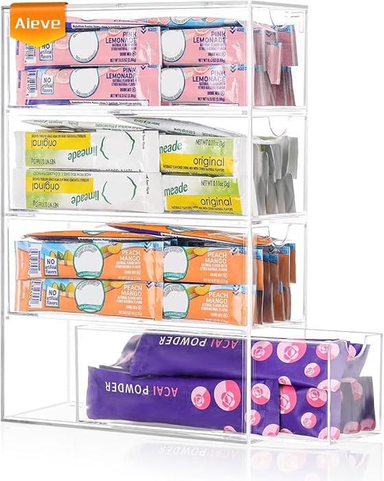 AIEVE Drink Packet Organizer, Drink Mix Holder with 4 Clear Drawers, Acrylic Water Flavor Packets... | Amazon (US)