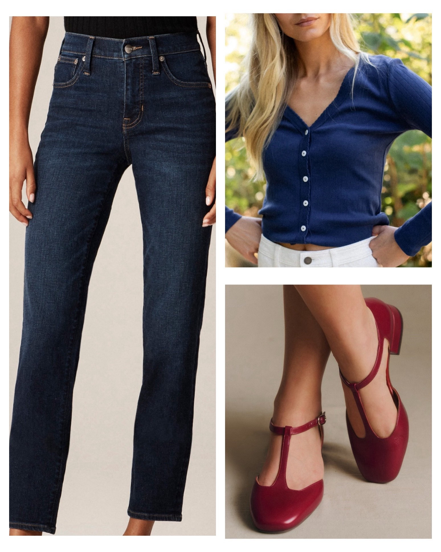 Straught leg jeans, a navy tee and a pop of red. 

#LTKPetite #LTKMidsize #LTKOver40