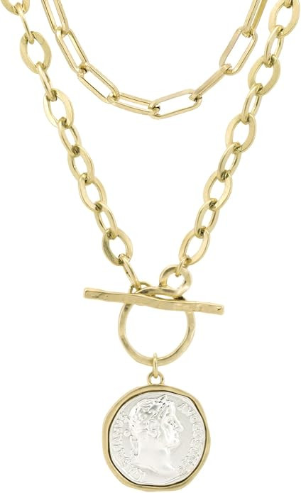 Women's Chunky Coin Necklace, 18K Gold Plated, 18-Inch Toggle Chain | Amazon (US)