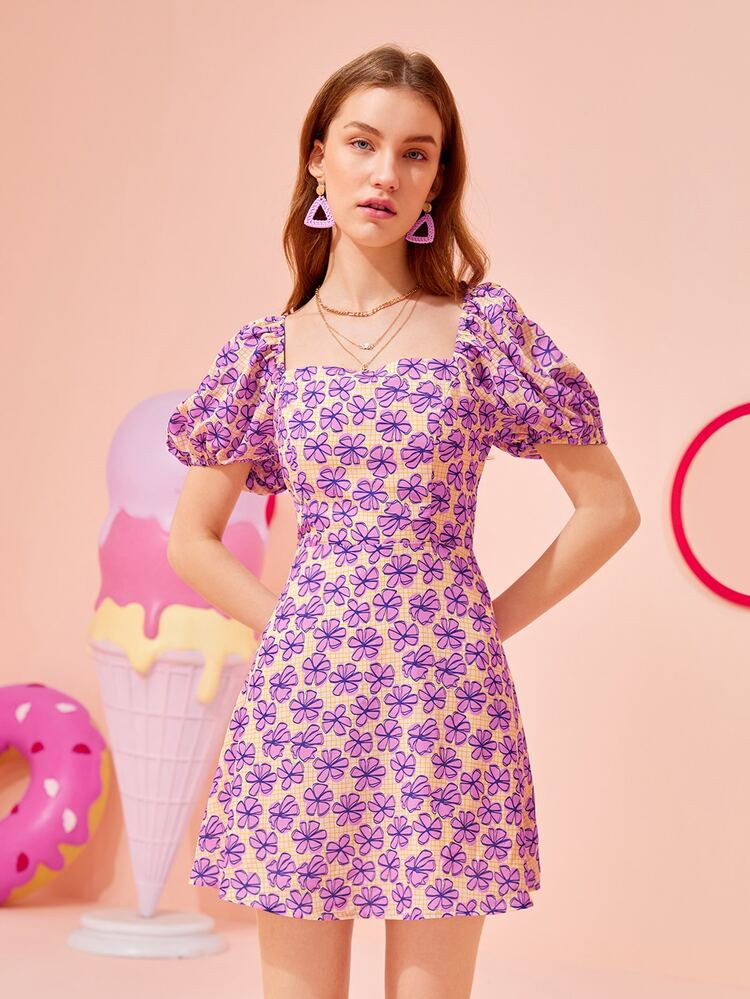 SHEIN X Emily Vidovich Allover Floral Print Puff Sleeve Tie Backless Dress | SHEIN