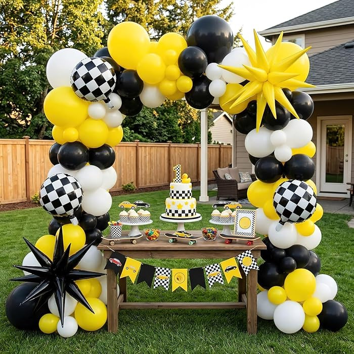 One Happy Dude Balloon Arch Garland Kit, 126Pcs 18" 12" 10" 5" Yellow Black Balloons with Checker... | Amazon (US)
