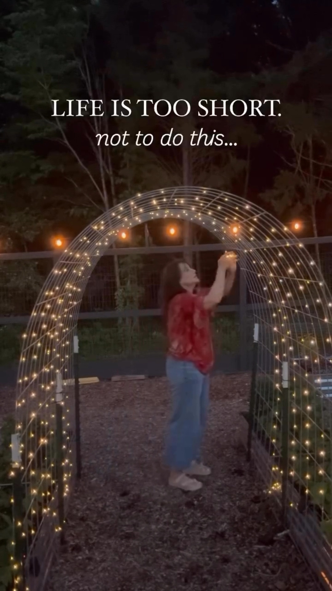 Y’all… life is too short not to add twinkle lights to your green bean trellises! 👏🏼🌱
I know some people may think I’m crazy, but adding these little lights to my garden trellises  sparks so much joy in my heart! ❤️ 

We all need places and things in our lives that make us smile and does our heart good. 

That’s what these lights are for me. My garden is my little sanctuary that I worship in while I work. 

So thankful to the Lord for even the little things, like twinkle lights…that make life so special! 

What little things spark joy in your life?
.
#Garden #Homesteader #TwinkleLights #GreenBeanTrellises #Joy #Sanctuary #LittleThings #God’sGoodness #GardenInspiration

#LTKSeasonal #LTKHome