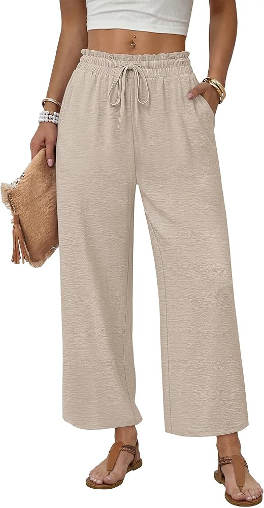 WIHOLL Wide Leg Pants Woman Flowy Palazzo Drawstring Elastic Waist Trousers with Pockets Casual L... | Amazon (US)