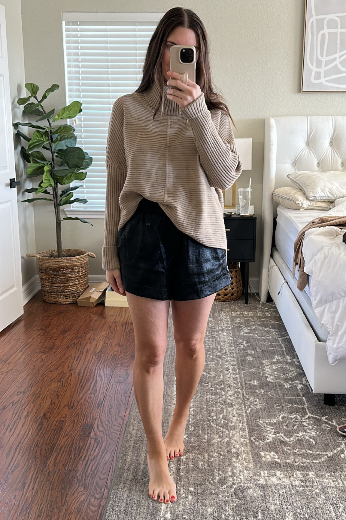 Amazon turtleneck sweater size medium, metallic shorts size medium. Would wear black sheer tights and black booties with this 

#LTKstyletip #LTKHoliday #LTKSeasonal