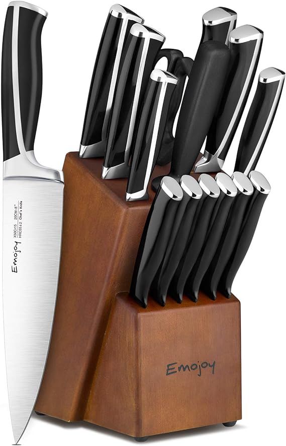 Emojoy Knife Set, 15-Piece Kitchen Knife Set with Block Wooden, Black Handle for Chef Knife Set, ... | Amazon (US)