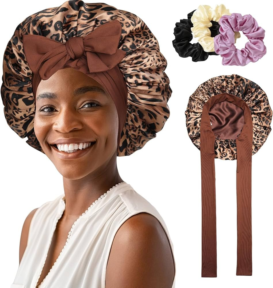 AWAYTR Satin Bonnet for Women Tie Band Hair Bonnet Large 2 Layered Silk Sleeping Cap Nightcap wit... | Amazon (US)